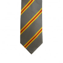Baden Tie – Design 3 Grey with Diagonal Yellow/Red/Yellow Stripes