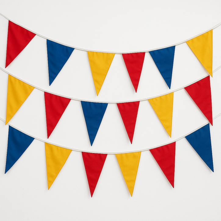 Stoffwimpelkette 3‑farbig – 12 m Länge (27 Wimpel)